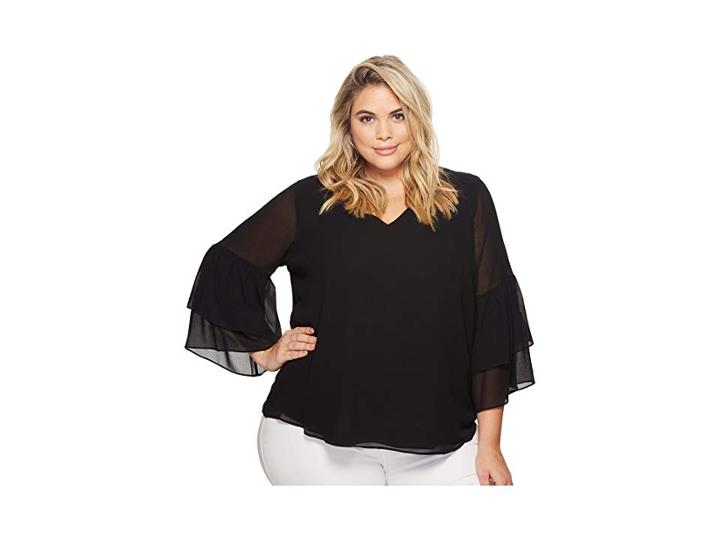 Calvin Klein Plus Plus Size V-neck Blouse With Two Tier Sleeve (black) Women's Long Sleeve Pullover
