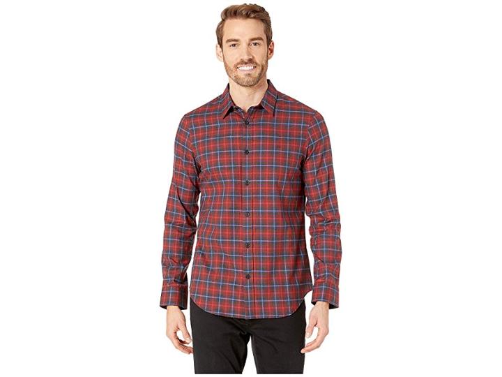 Calvin Klein Long Sleeve Brushed Twill Check Shirt (deep Scarlet) Men's Clothing