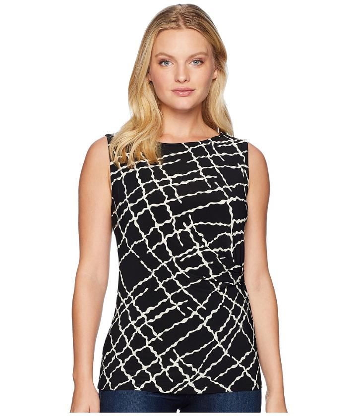 Anne Klein Greenwich Tartan Side Twist Knit Top (black/white) Women's Clothing