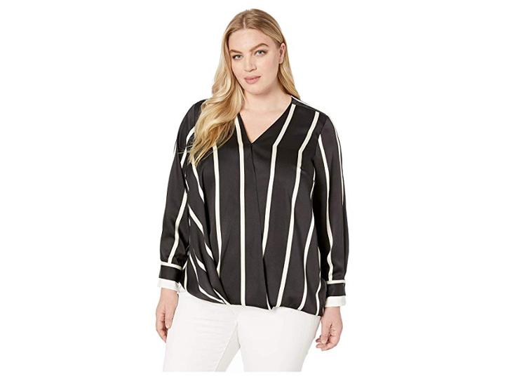 Vince Camuto Specialty Size Plus Size Long Sleeve Dramatic Stripe Front Wrap Blouse (rich Black) Women's Blouse