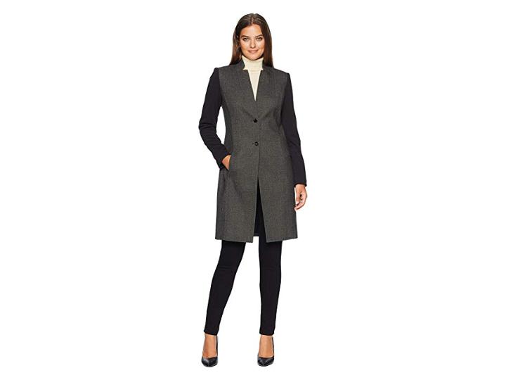 Calvin Klein Woven Button Front Jacket (charcoal Multi) Women's Coat