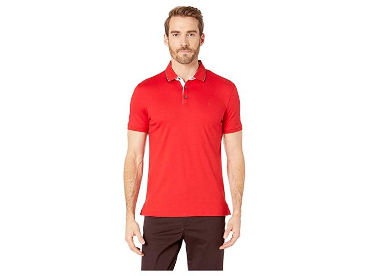 Calvin Klein Short Sleeve Solid Tipped Rib Collar Contrast Placket Collar Standard Polo (deep Scarlet) Men's Clothing