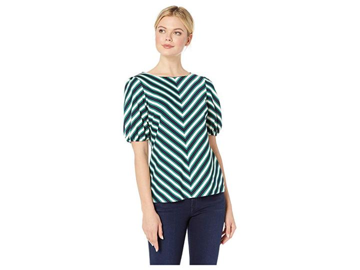 Eci Chevron Striped 3/4 Sleeve Knit Top (navy/green) Women's Clothing