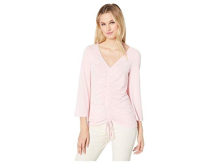 Eci 3/4 Sleeve V-neck Jersey Top With Drawstring Detail (blush) Women's Clothing