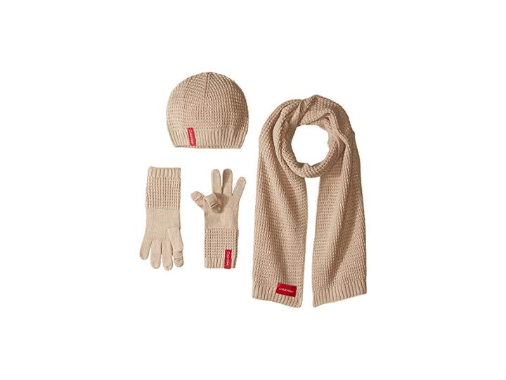 Calvin Klein Three-piece Waffle Knit Set (heathered Almond) Scarves