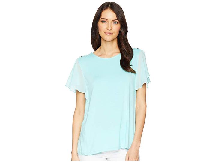 Calvin Klein Flutter Sleeve Top W/ Buttons (seaglass) Women's Clothing