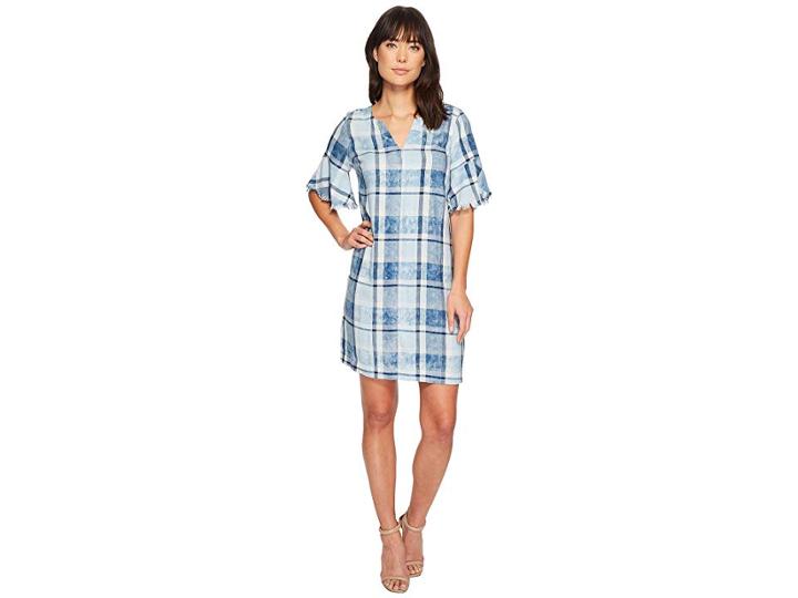 Two By Vince Camuto Flutter Sleeve Bleach Indigo Plaid Dress (stillwater) Women's Dress