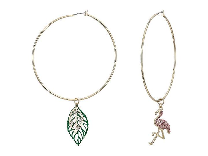 Betsey Johnson Gold Tone Hoop Earrings With Flamingo And Leaf Charm (multi) Earring