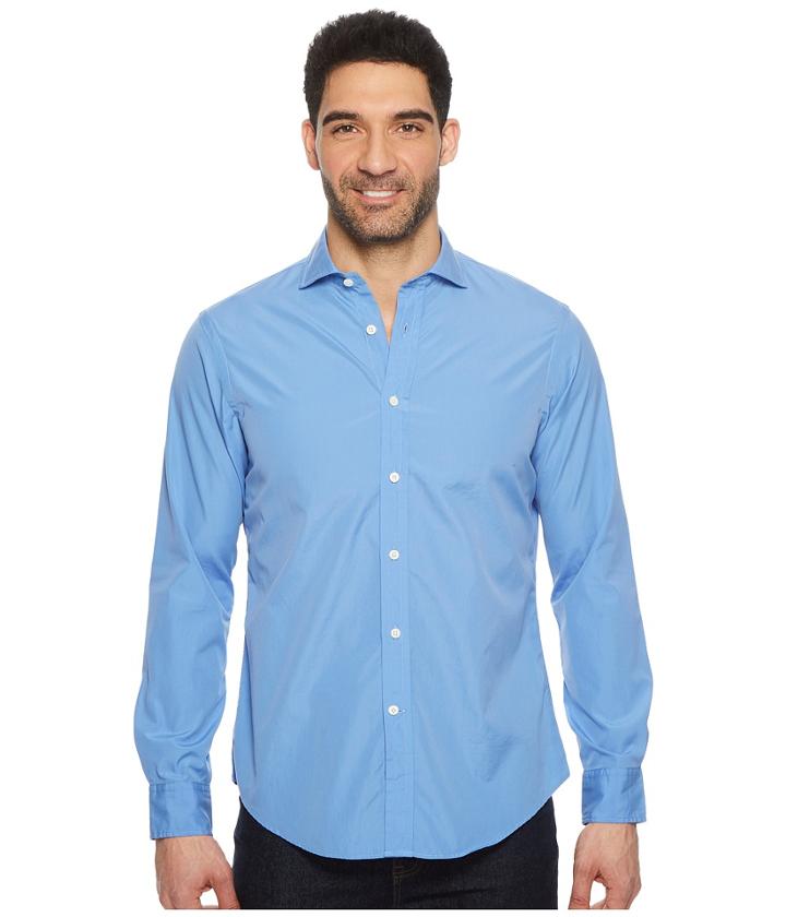 Polo Ralph Lauren Striped Poplin Brownstone Long Sleeve Sport Shirt (bermuda Blue) Men's Clothing