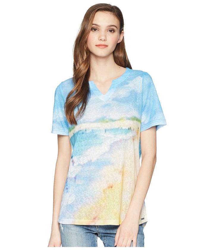 Fdj French Dressing Jeans Sandy Beach Print Short Sleeve Notched Crew Neck Top (multi) Women's Clothing