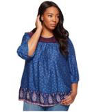 Lucky Brand Plus Size Purple Peasant Top (navy Multi) Women's Clothing