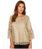 Calvin Klein Embroidered Bell Sleeve Top (gold Combo) Women's Blouse