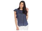 Two By Vince Camuto Ruffle Sleeve Stitched Florets Lace-trim Blouse (high Tide) Women's Blouse