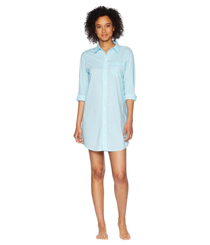 Lauren Ralph Lauren Roll Tab His Shirt Sleepshirt (turquoise Stripe) Women's Pajama