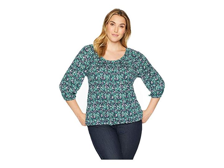 Michael Michael Kors Plus Size Paisley Wood Peasant Top (true Navy/jewel Green) Women's Clothing