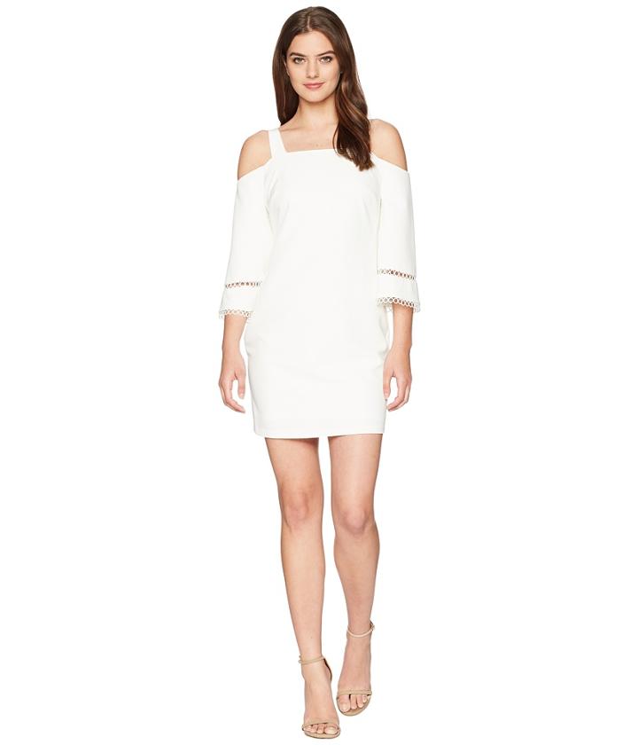 Laundry By Shelli Segal Crepe Dress With Lace Trim Bell Sleeve (star White) Women's Dress