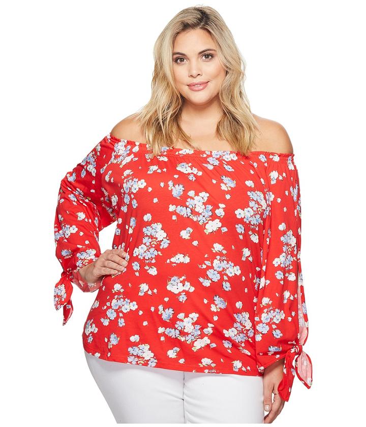 Lauren Ralph Lauren Plus Size Floral Jersey Off The Shoulder Top (red Multi) Women's Clothing