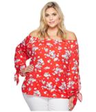Lauren Ralph Lauren Plus Size Floral Jersey Off The Shoulder Top (red Multi) Women's Clothing