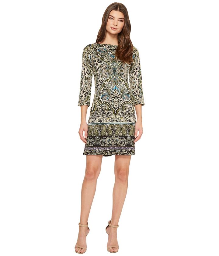 London Times 3/4 Sleeve Boat Neck Shift (green Multi) Women's Dress
