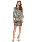 London Times 3/4 Sleeve Boat Neck Shift (green Multi) Women's Dress
