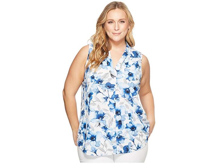 Calvin Klein Plus Plus Size Printed Hi Back Low V Top (regatta Blue/ice Blue) Women's Sleeveless
