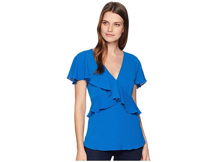 Michael Michael Kors Flounce V-neck Short Sleeve Top (radiant Blue) Women's Clothing