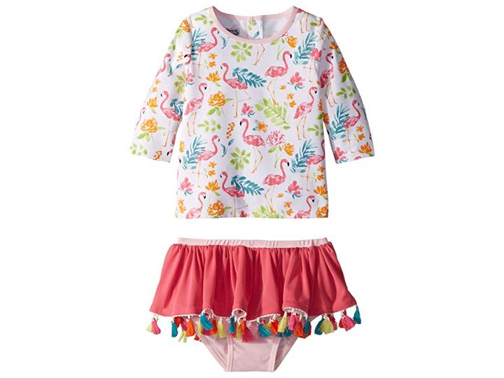 Mud Pie Floral Flamingo Rashguard Two-piece Swimsuit (toddler) (white) Girl's Swimwear Sets