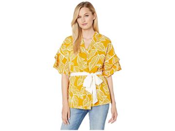 Eci Leaf Print Kimono Jacket With Soft Tie (mustard) Women's Clothing