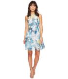 Adrianna Papell Stained Glass Floral Printed Ribbed Organza Fit And Flare Dress (blue Multi) Women's Dress