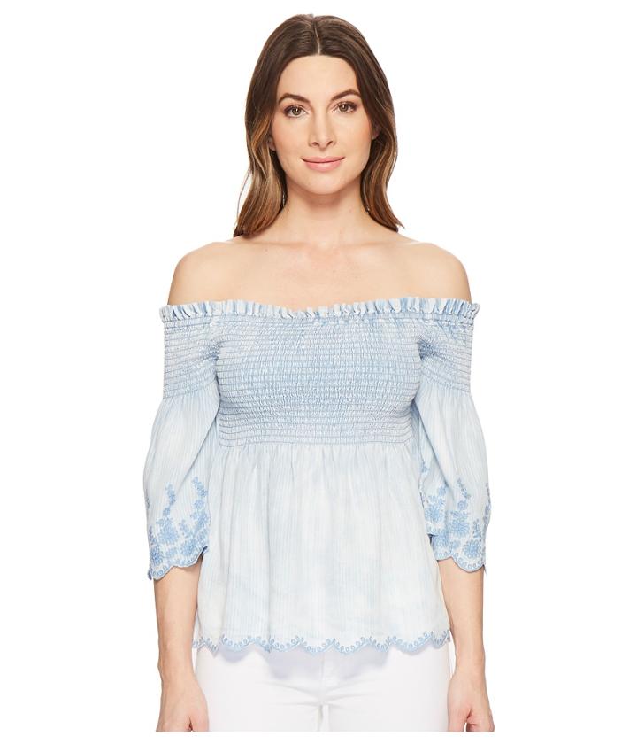 Michael Stars Linen Denim Tencel(r) Smocked Off-the-shoulder Top (stripe) Women's Clothing