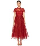 Marchesa Notte Short Sleeve Wired Lace Tea Length Gown With Velvet Ribbon (red) Women's Dress