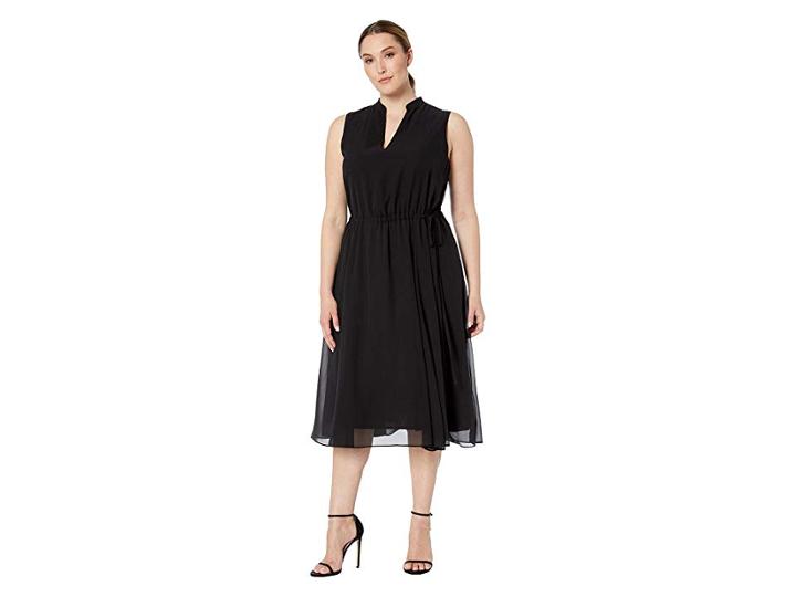 Anne Klein Plus Size Solid Chiffon Drawstring Midi Dress W/ Lining (anne Black) Women's Clothing