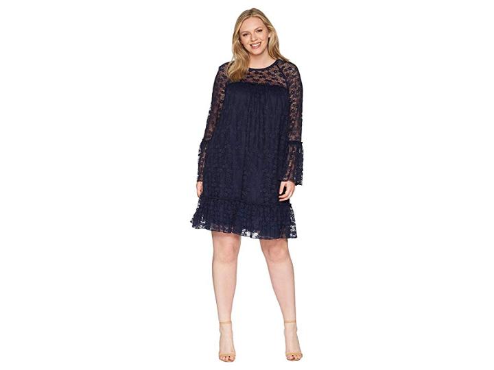 Michael Michael Kors Plus Size Long Sleeve Lace Ruffle Dress (true Navy) Women's Dress