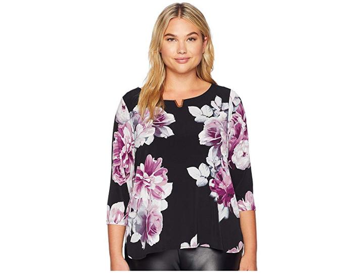 Calvin Klein Plus Plus Size High-low 3/4 Sleeve Top With U Hardware (black Multi) Women's Sleeveless