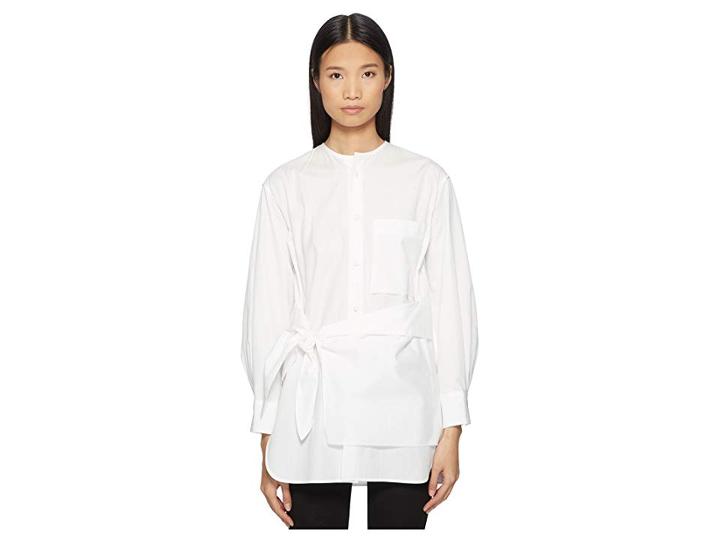 Y's By Yohji Yamamoto K-collarless Tie Front Button Up Shirt (white) Women's Clothing
