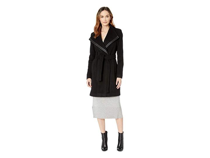 Calvin Klein Wool Wrap With Pu Trim Detail (black) Women's Coat