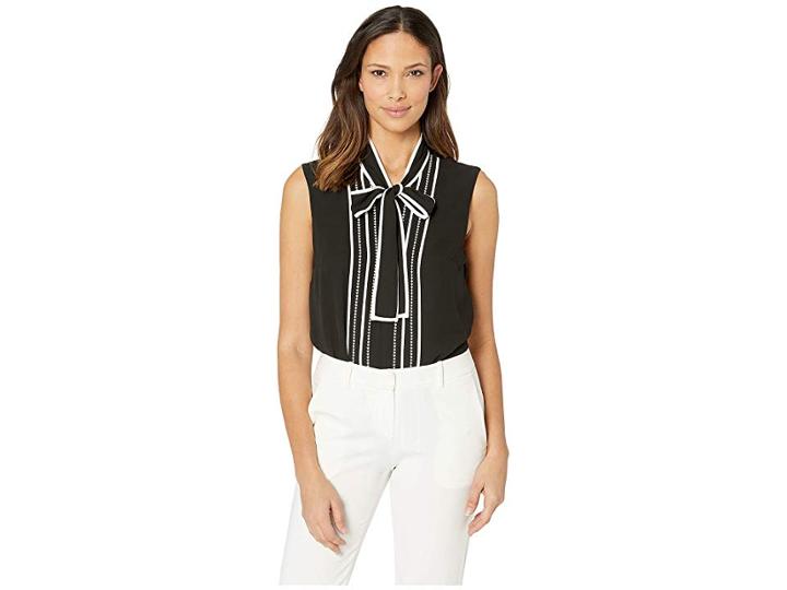 Tahari By Asl Sleeveless Blouse With Pickstitch Detail (black/ivory) Women's Clothing