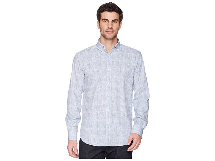 Bugatchi Shaped Fit Performance Crosshatch Woven Shirt (navy) Men's Long Sleeve Pullover