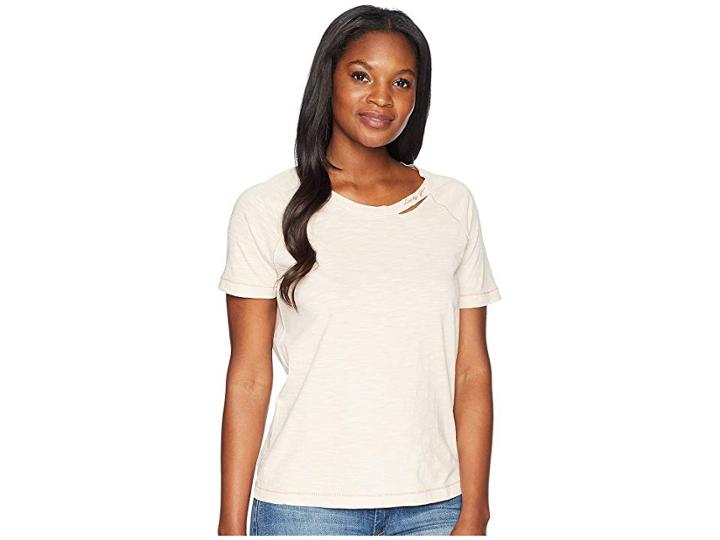 Lucky Brand Embroidered Lucky You Destructed Tee (peach Whip) Women's T Shirt