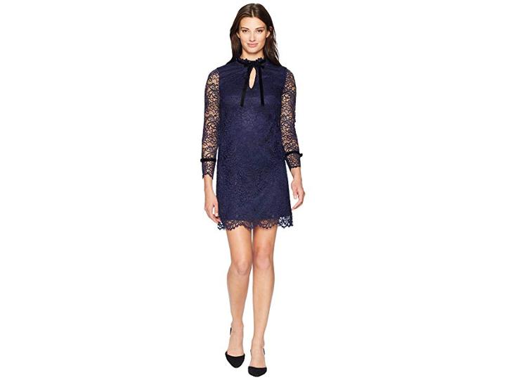 Tahari By Asl Long Sleeve Lace/velvet Sheath With Keyhole/high Neckline (navy/black) Women's Dress