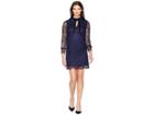 Tahari By Asl Long Sleeve Lace/velvet Sheath With Keyhole/high Neckline (navy/black) Women's Dress