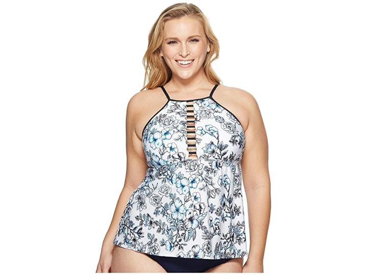 Athena Plus Size Garden Party Fly-away High Neck Tankini (navy) Women's Swimwear