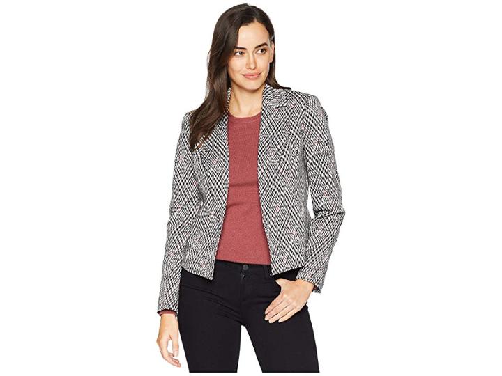 Nine West Wide Lapel Collar Kiss Front Jacket (black/cinnamon Multi) Women's Coat