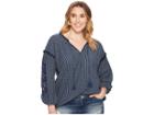 Lucky Brand Plus Size Cut Out Stripe Peasant Top (blue Multi) Women's Long Sleeve Pullover