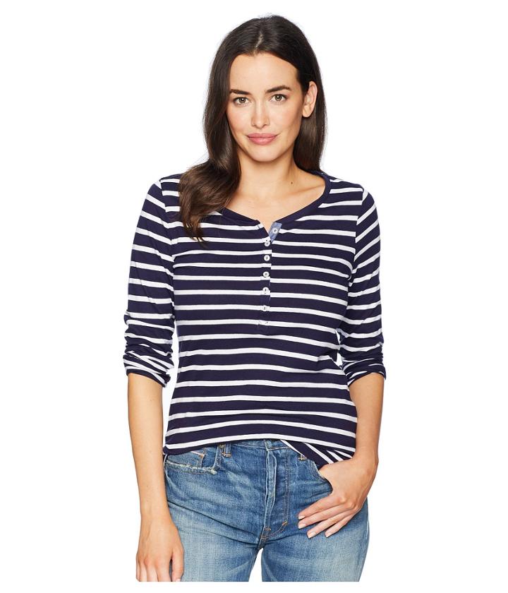 U.s. Polo Assn. Long Button Trimmed Sleeve Striped Tee Shirt (evening Blue) Women's T Shirt
