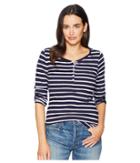 U.s. Polo Assn. Long Button Trimmed Sleeve Striped Tee Shirt (evening Blue) Women's T Shirt