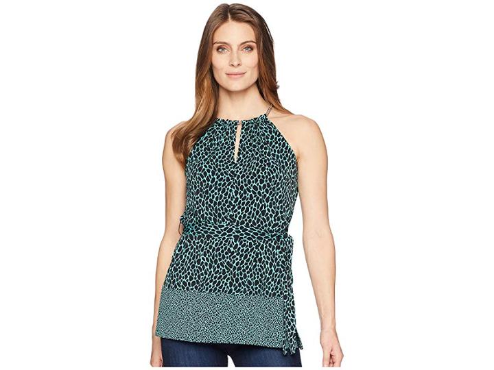 Michael Michael Kors Multi Leopard Trim Neck Tunic (aqua/black) Women's Clothing