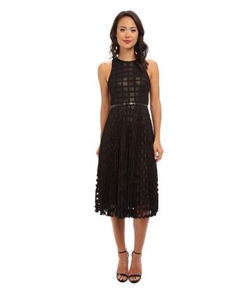 Donna Morgan Pleated Windowpane Lace Dress W/ Metallic Gold Lining (black) Women's Dress