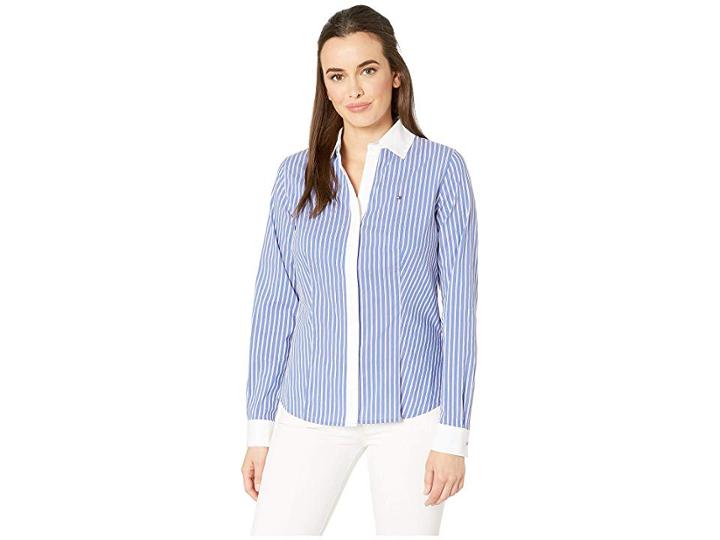 Tommy Hilfiger Stripe V-neck Long Sleeve Cotton Shirt (blue Multi) Women's Clothing