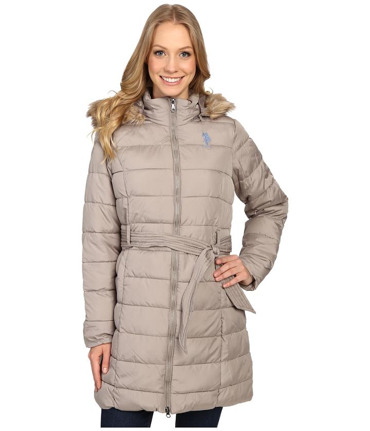U.s. Polo Assn. Long Puffer Jacket With Fur Hood (moonrock) Women's Coat